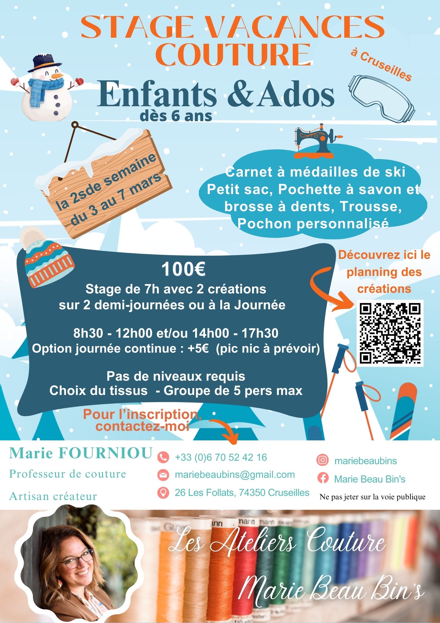 Flyers pour les ateliers couture proposés pendant les vacances d'hiver