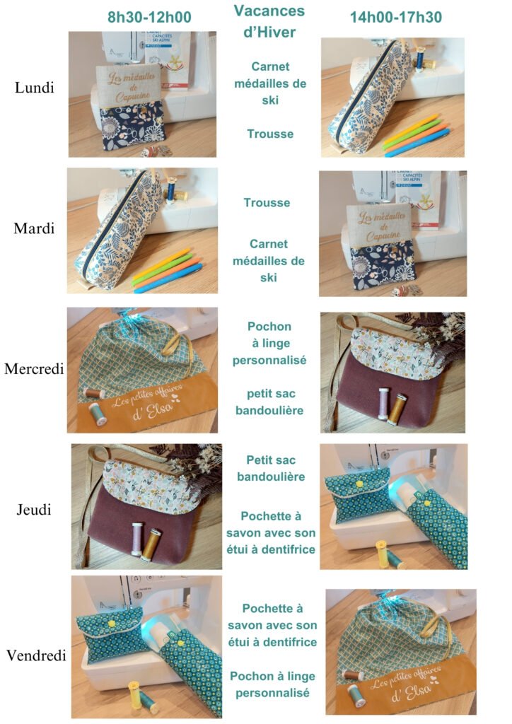 Planing pour les ateliers couture proposés pendant les vacances d'hiver