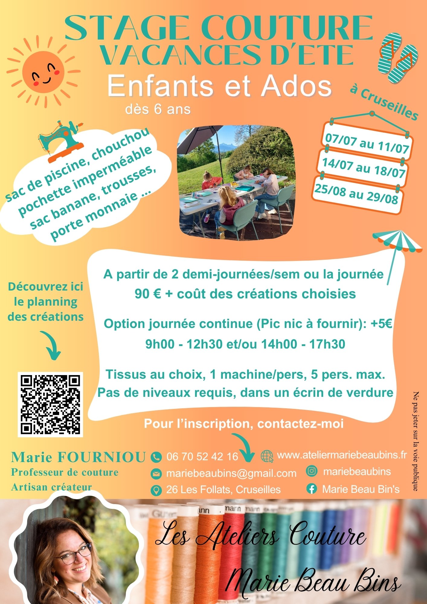 Flyer de présentattion des stages de couture été 2025 Marie Beau Bin's avec dates prix et qrcode pour les inscriptions