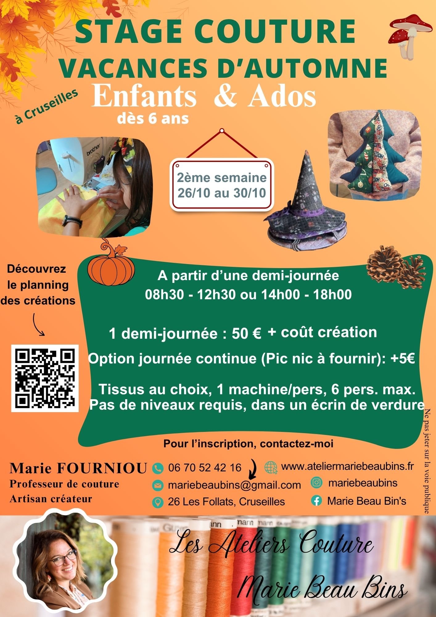stage de couture vacances automne 2026 halloween